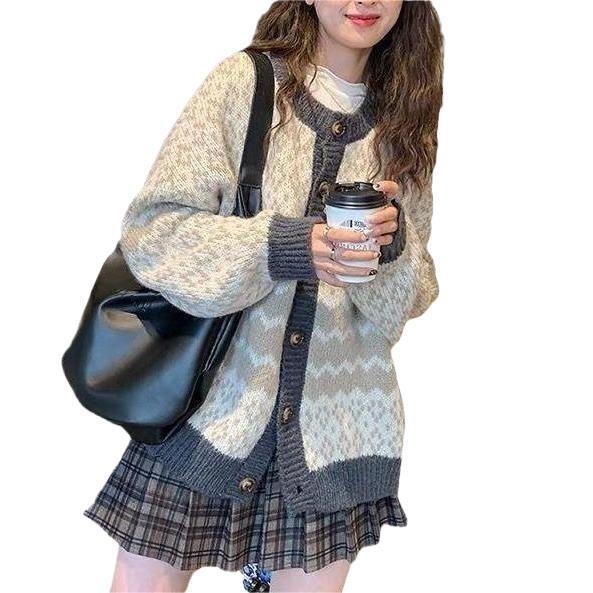 复古菱格毛衣外套女秋冬宽松慵懒风古着vintage加厚针织开衫潮流|undefined