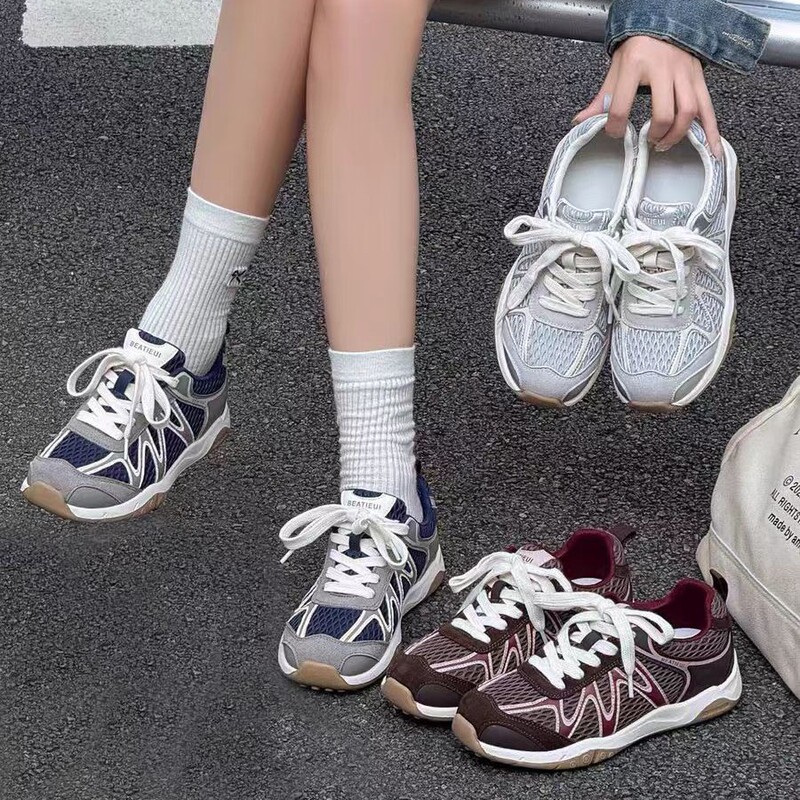 新款运动德迅鞋女2025夏季网面透气厚底鞋真皮阿甘鞋休闲老爹鞋女|undefined