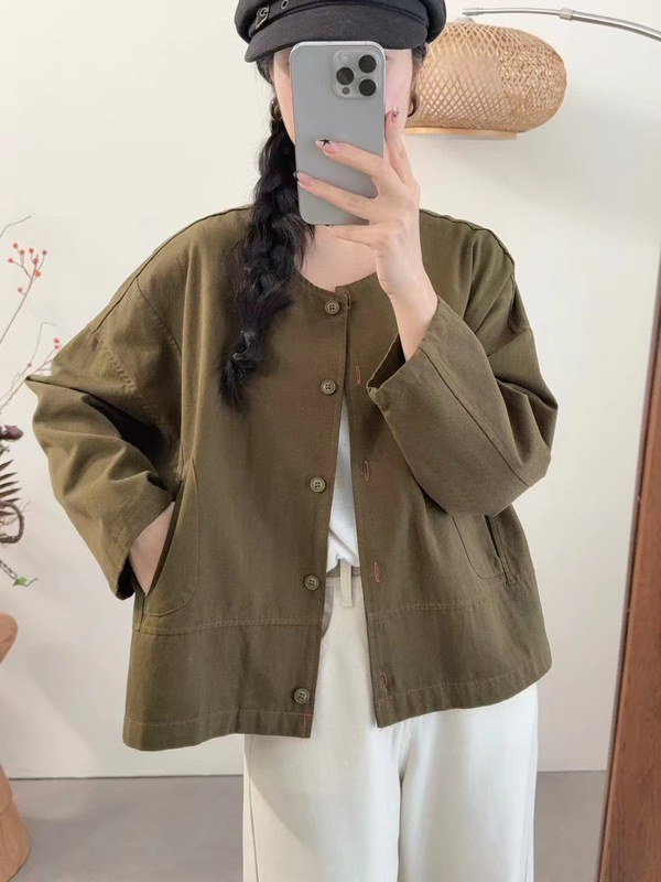 古咖服饰秋季新款棉质纯色外套女圆领单排扣休闲长袖外搭开衫上衣|undefined