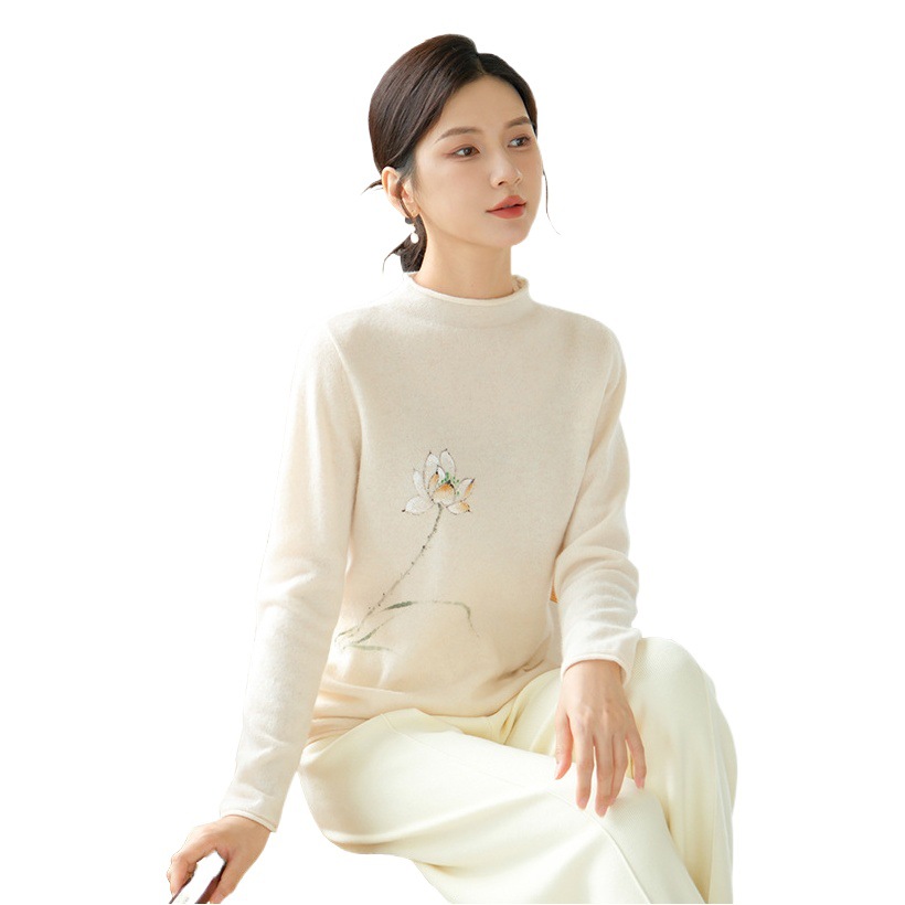 2023 Autumn and Winter Jacket New Women's National Style Hand-painted Base Wool Sweater Women's Warm Apricot Slim-fit Top