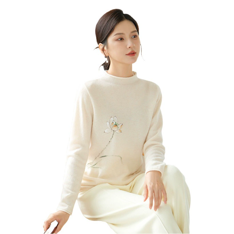 2023 Осенне-зимняя куртка, новый женский базовый шерстяной свитер с ручной росписью в национальном стиле, Женский Теплый абрикосовый Приталенный топ