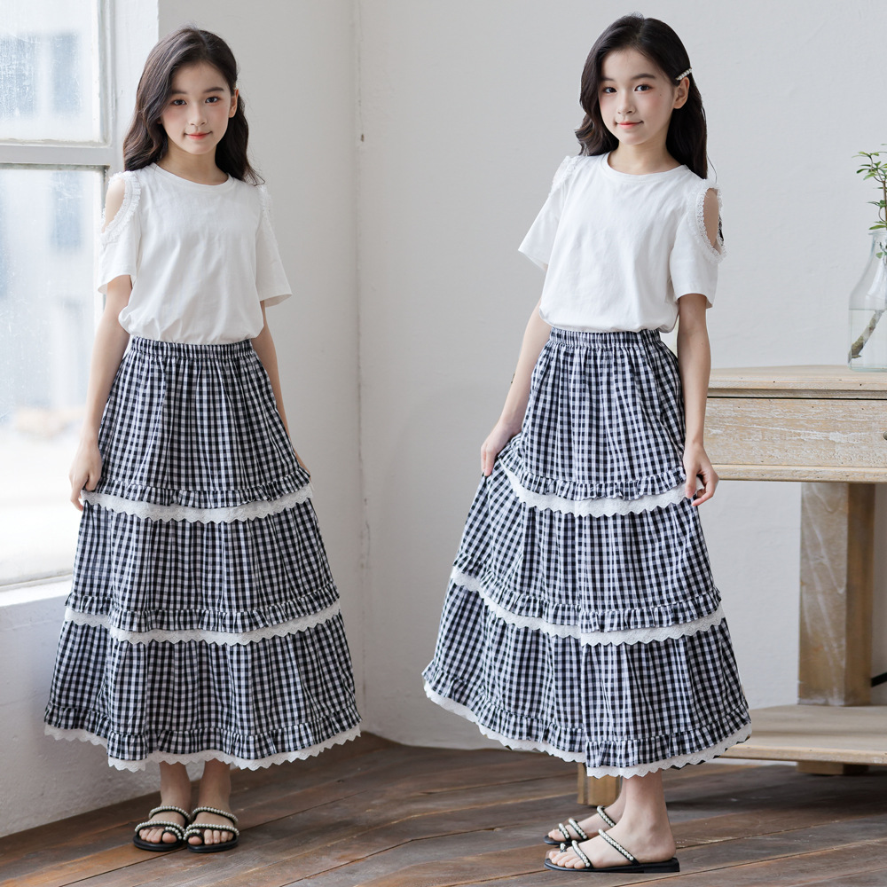 CUHK Girls suit Korean Style Short-sleeved Summer Western Style Shirt Academic Style Plaid A- line Skirt Mid-length Skirt Two-piece Set