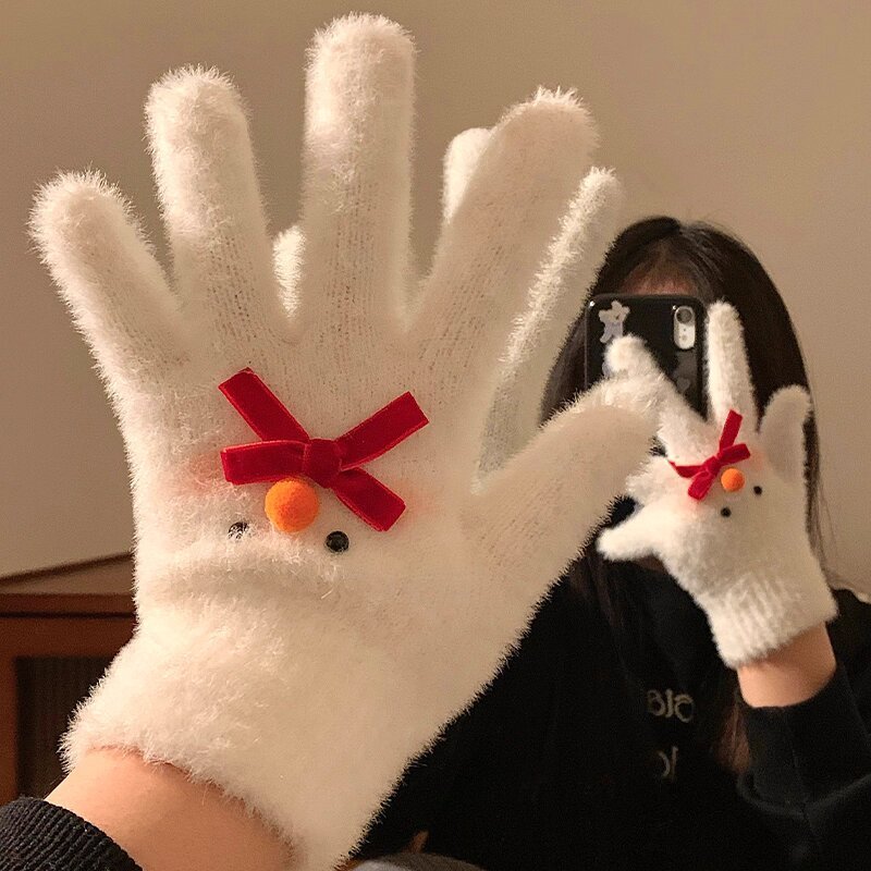 可爱蝴蝶结雪人毛绒针织五指手套女冬季保暖加绒加厚骑行防寒防风|undefined