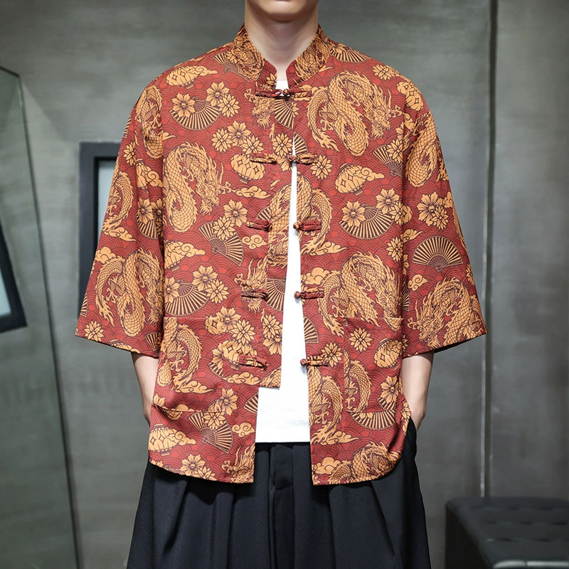Мужская рубашка из ледяного шелка в китайском стиле с рукавом три четверти, новый китайский костюм Тан на пуговицах, летняя рубашка с короткими рукавами с принтом большого размера Hanfu