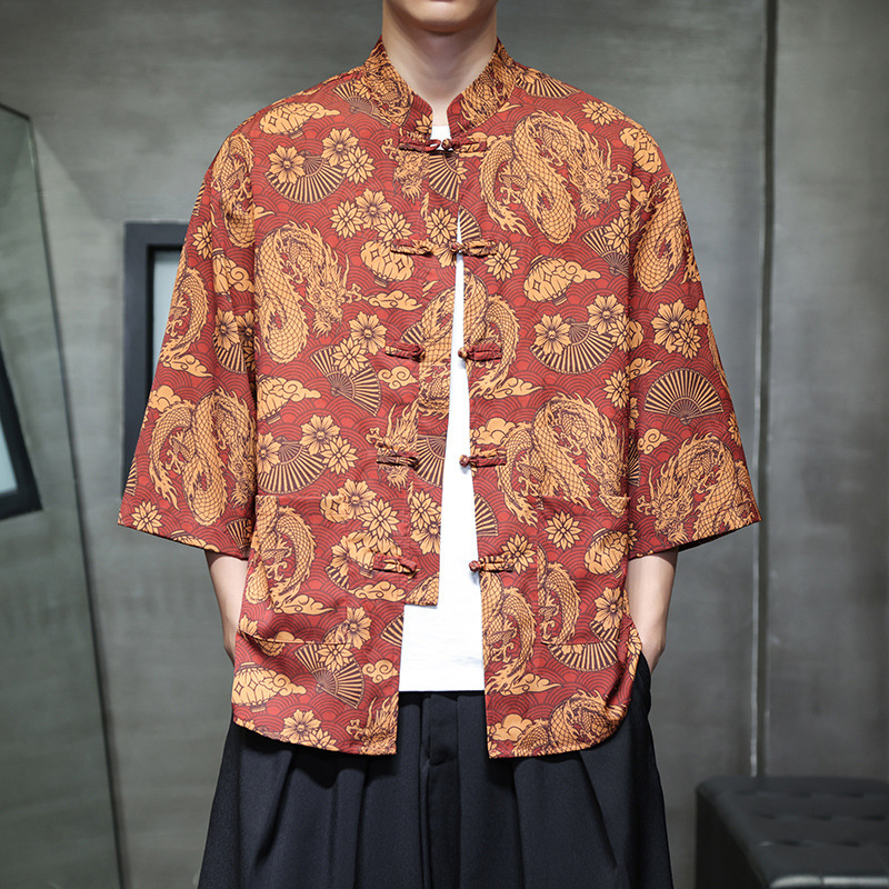 Chinese Style Ice Silk Three-Quarter Sleeve Shirt for Men, Tang Suit with Button Closure, Hanfu, Large Size Printed Short-Sleeve Shirt, Ethnic Style