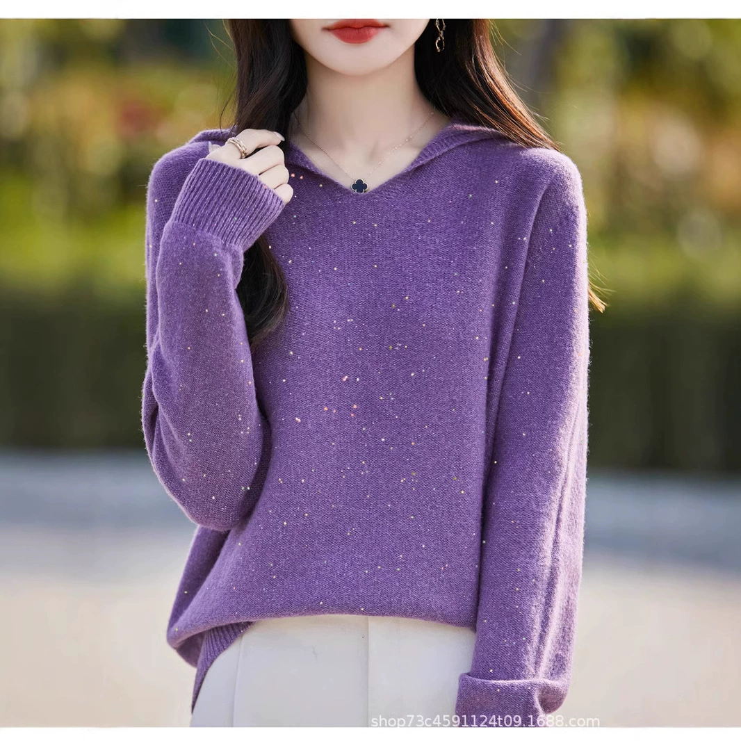 2024 новая линия одежды с капюшоном чистый свитер женский свободный ленивый свитер с блестками свитер вязаный толстовка с капюшоном