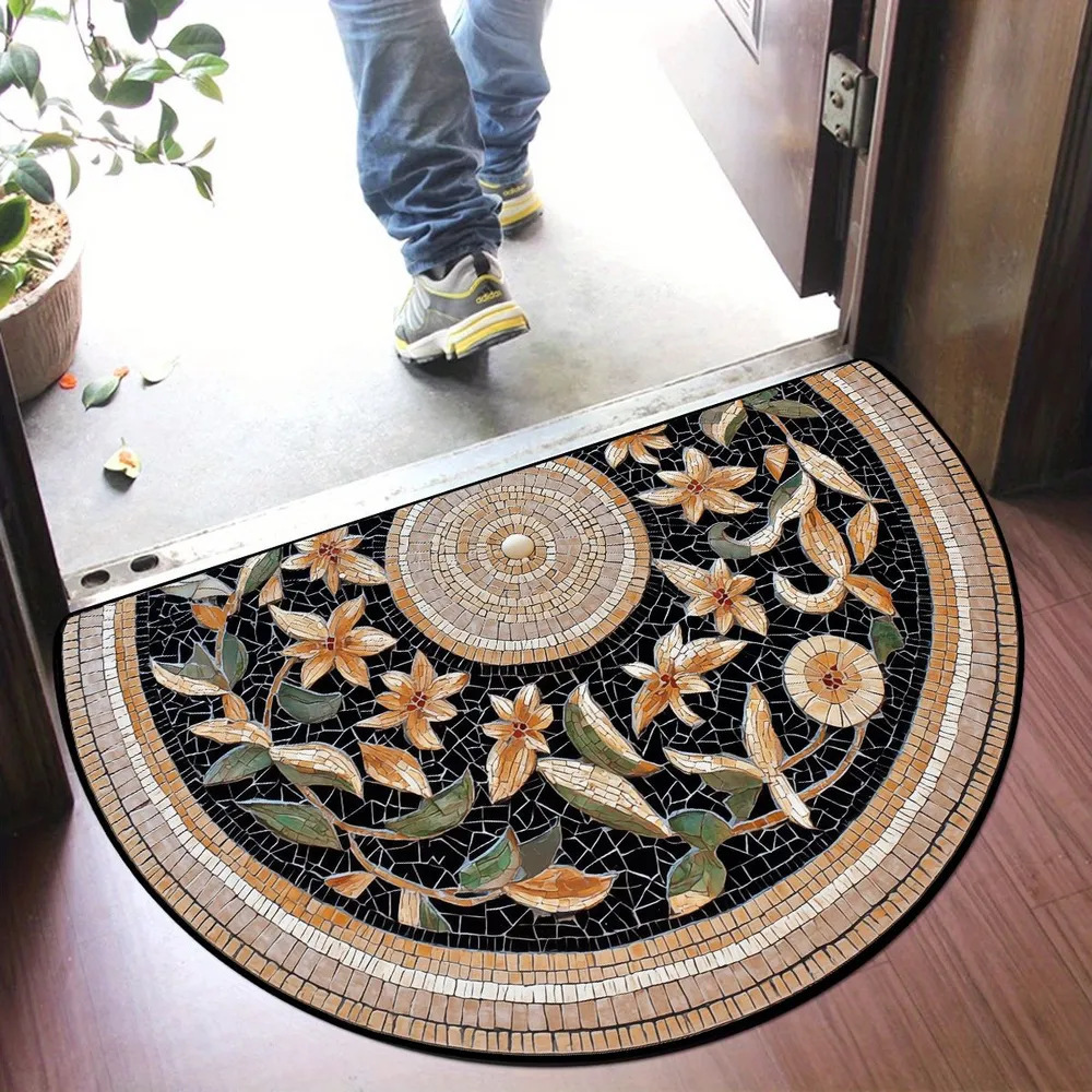 Alfombra de entrada semicircular estilo americano vintage de Amazon Temu, alfombra de terciopelo cristalino, resistente a la suciedad, a prueba de polvo, fácil de mantener.