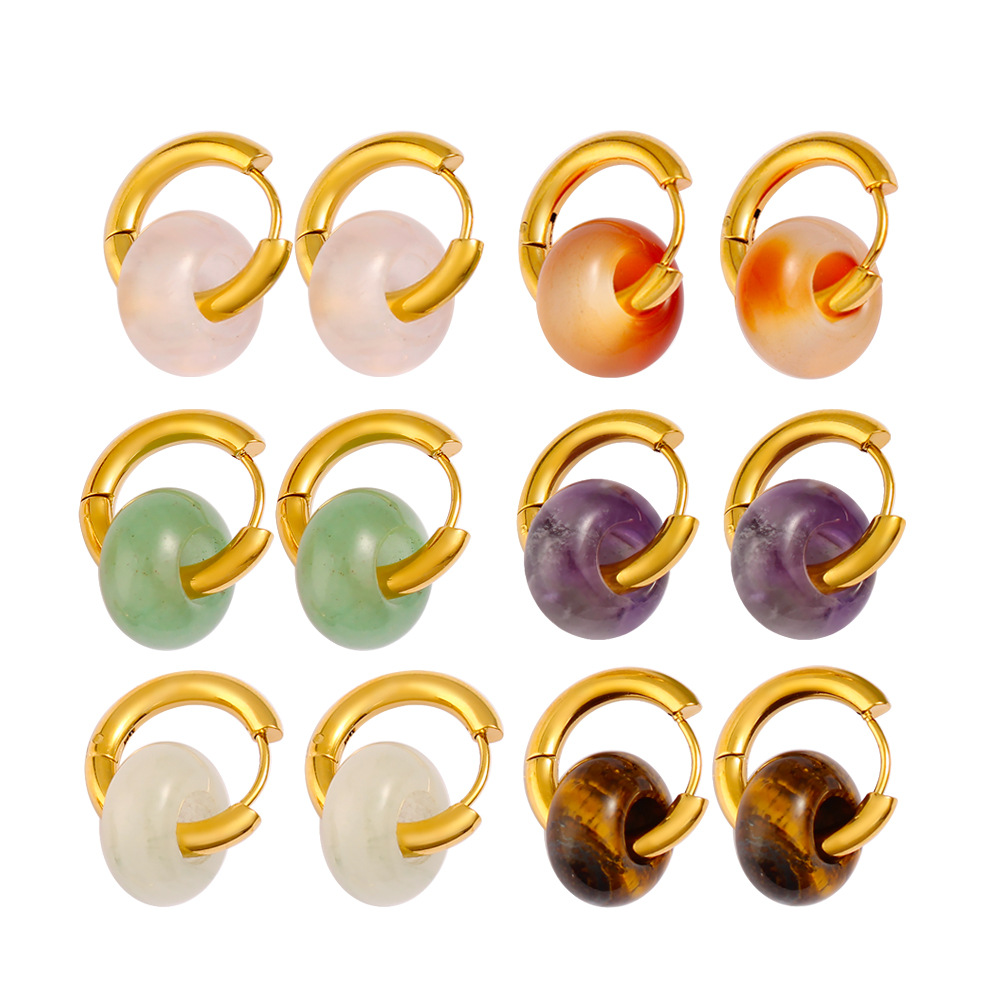 Nuevo estilo chino estilo chino piedra natural círculo perfiles de orejas de acero inoxidable nicho ligero lujo pendientes retro temperamento perfiles de orejas