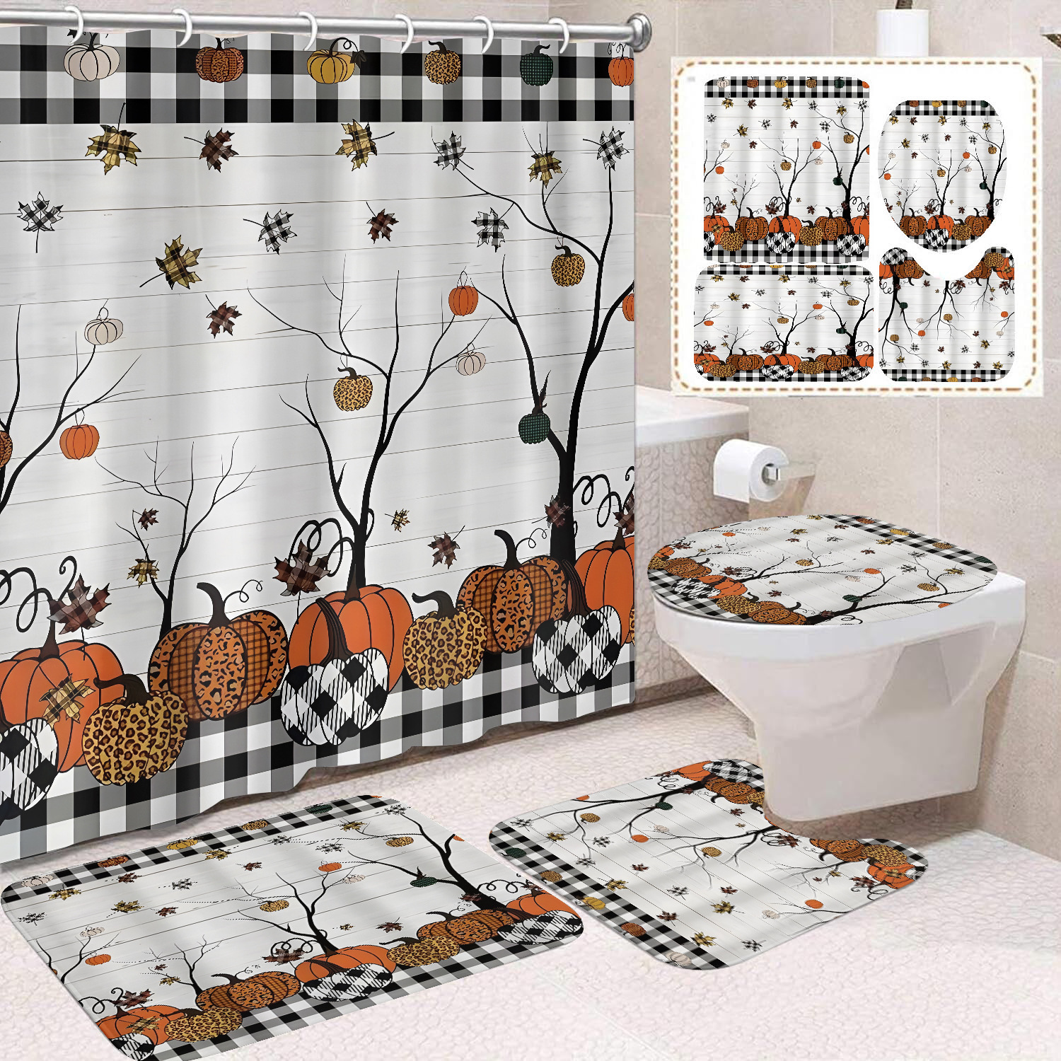 Cortina de ducha de Acción de Gracias, cosecha de otoño, serie de calabaza, cortina de ducha, cortina de baño, cortina de baño impermeable de poliéster, cortina de baño de cuatro piezas image 26