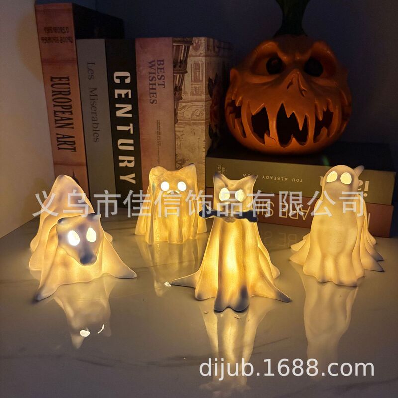 ハロウィンゴースト子犬オーナメントハロウィンシーン装飾雰囲気発光ランプデスクトップ面白い樹脂工芸品|undefined