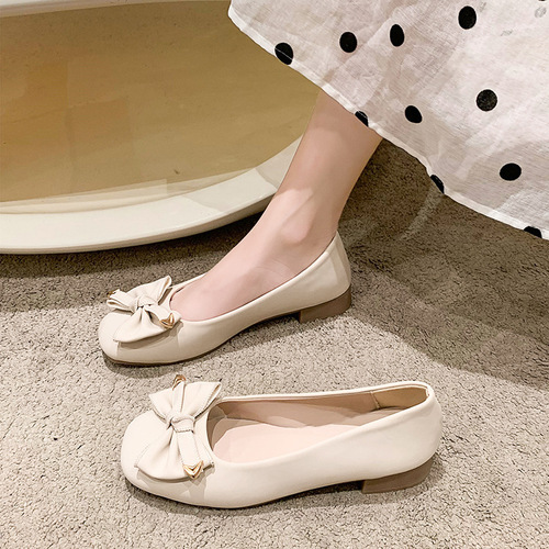 French low-heeled shallow mouth women's summer bow shoes with skirts, non-tiring women's shoes, bean pod sandals