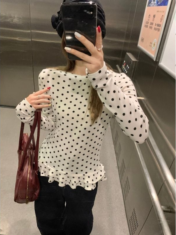长袖t恤女2025新款秋季打底衫韩系穿搭设计感波点荷叶边白色上衣|undefined