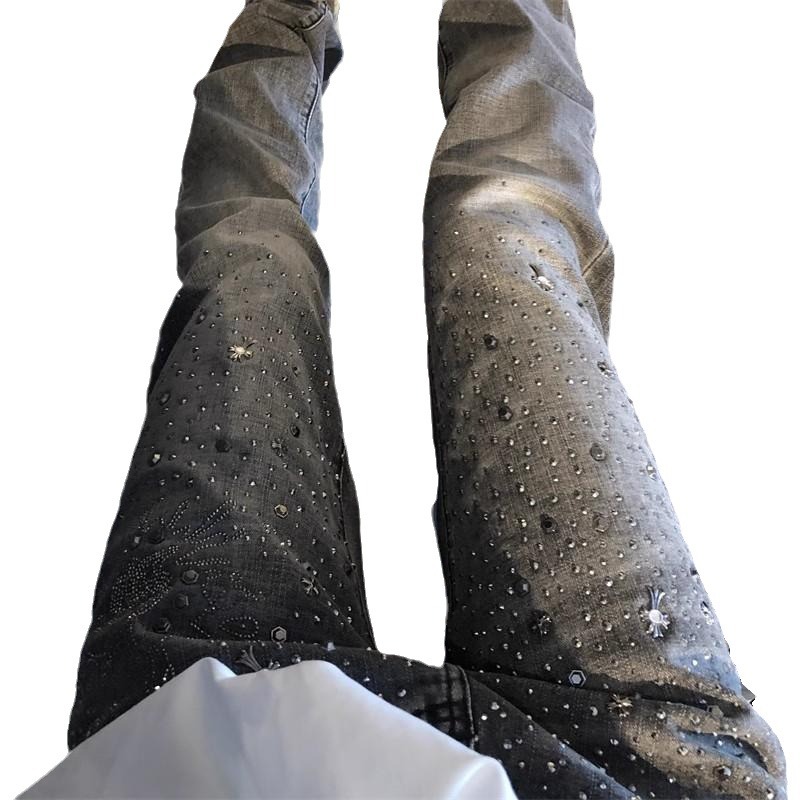 Abbigliamento maschile 2024 Estate High Street Hot Diamond Cross Heavy Rivet Grigio Stretch Slim Fit Skinny Jeans per uomo e donna_voghion.com