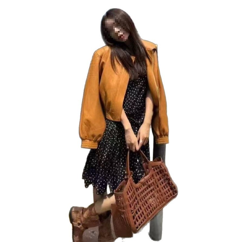 网红同款洋气时髦显白桔黄色皮衣外套女秋季韩版宽松显瘦收腰夹克|undefined