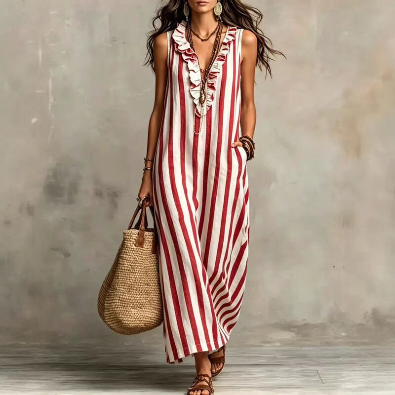 2026 Summer New Cross-Border Bohemian Style Vertical Striped V-Neck Sleeveless Long Dress with Side Pockets
