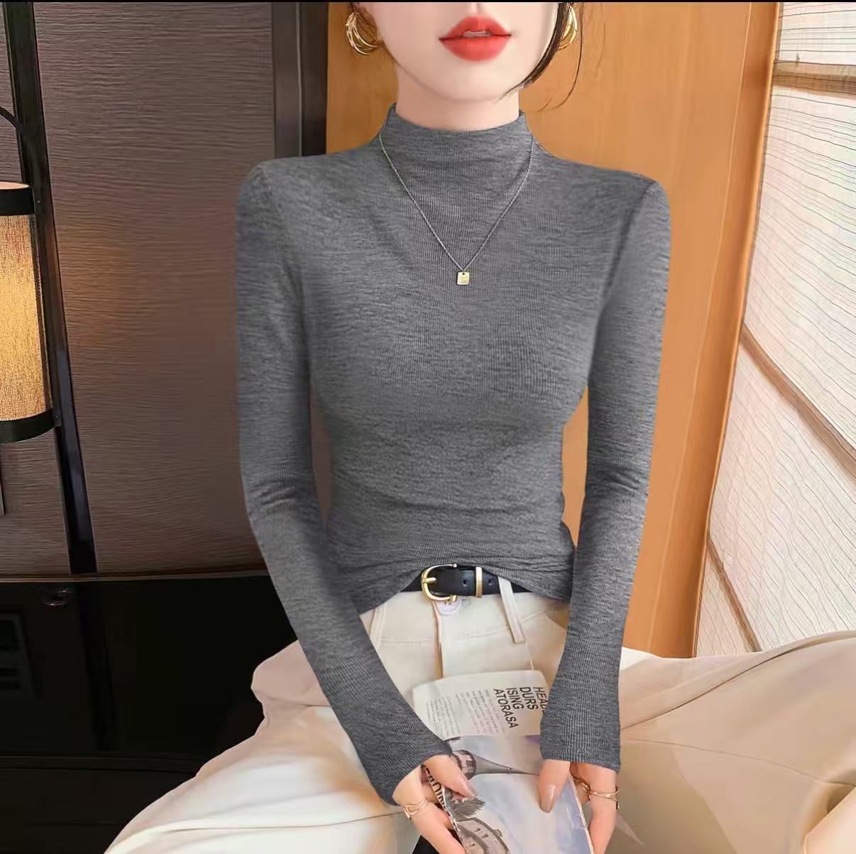 Dark gray long-sleeve women's t-shirt for autumn and winter, half-high collar base shirt, slim-fit ribbed knit top, new for 2024