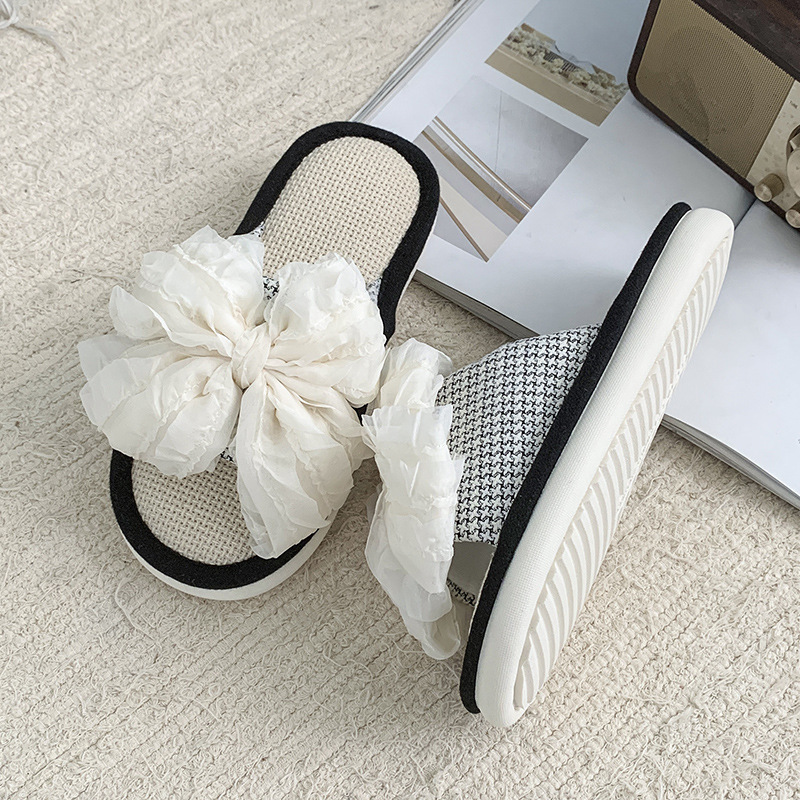 Ins High-Looking Linen Slippers for Women with Bow Thick Soles for All Seasons Home Non-Slip Sweat-Absorbent Cute Girly Heart Slippers