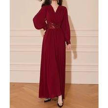 法式浪漫连衣裙女2025春季新款收腰显瘦飘逸优雅V领大摆跨境长裙