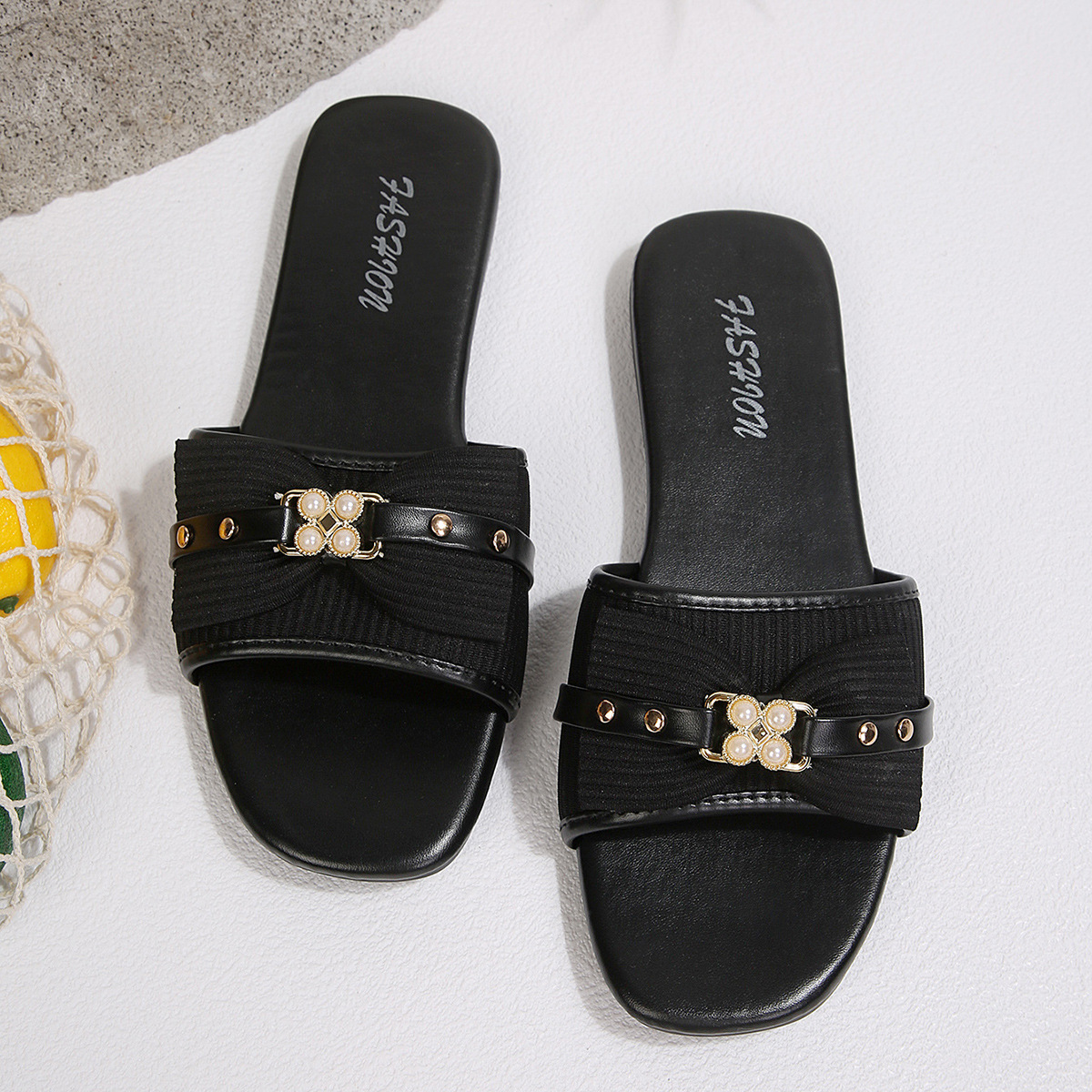 Zapatillas Planas de Punta Cuadrada para Mujer, Tejido y Plástico, Cómodo, Suela Plana, para Uso Casual