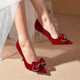 Red Wedding Shoes for Women, Xiuhe Wedding Dress with Bow, 2025 New Spring Chinese-Style Bridal Shoes, Toast High Heels