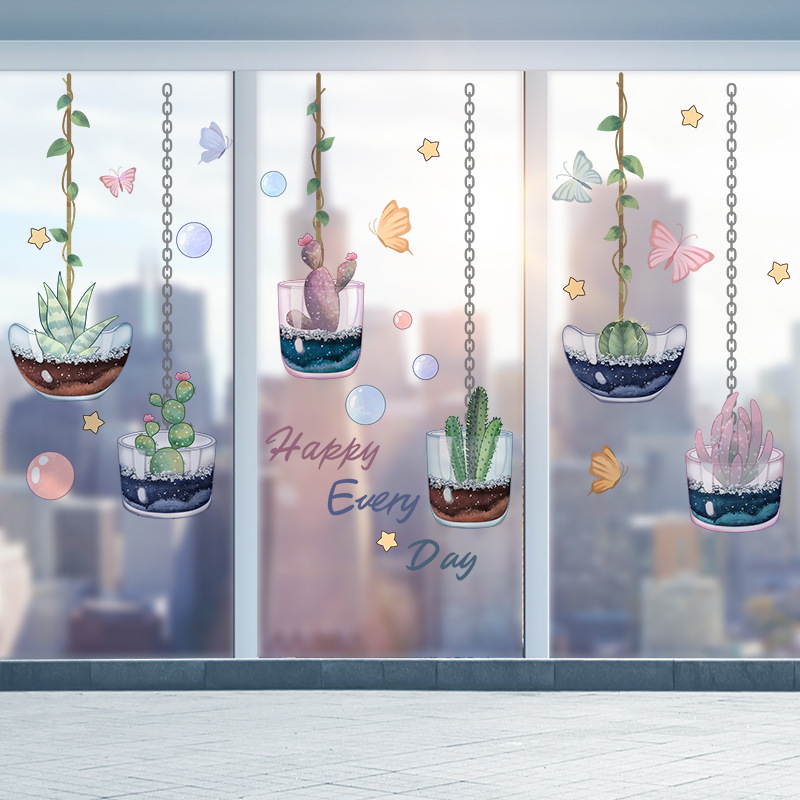 3D three-dimensional glass door stickers wall stickers balcony bathroom waterproof tile wall plant flower wallpaper self-adhesive