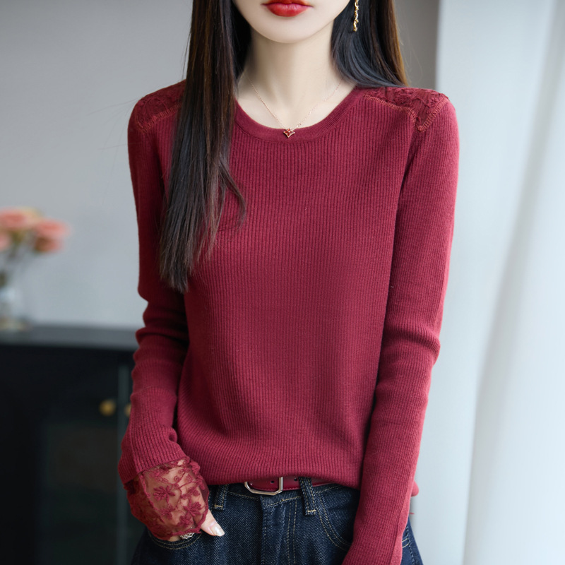 法式蕾丝钩花miu系针织衫女圆领修身毛衣25新款内搭女装打底上衣|undefined