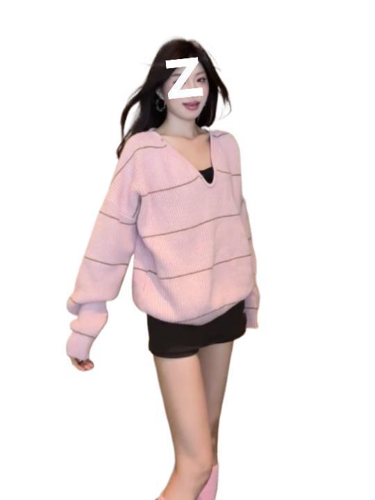 粉色V领毛衣条纹长袖针织衫女2025新款早秋季宽松慵懒风外穿上衣|undefined