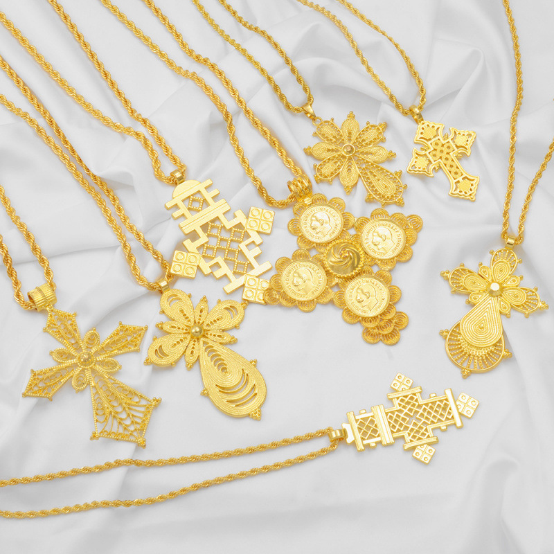 Annio Ethiopian Gold Color Cross Charms Pendant Necklaces Af|undefined