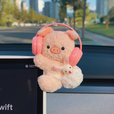 Car ornaments Doll Car Dashboard Screen - papa-ornaments-free-glue-pink-piggy-pink-headphones-plush-white-rabbit-with-white-bag-back
