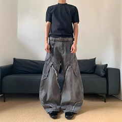 美式街头Vibe重工拼接毛边拉链微喇叭牛仔裤男宽松拖地高街长裤男