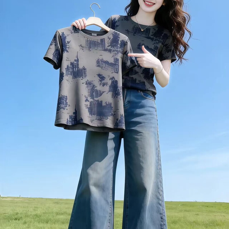 40-Count Fine Cotton Gray Round-Neck Short-Sleeve Regular Shoulder Top for Women, Retro Print, Fashionable Versatile Design, New Style T-Shirt 40-Count Fine Cotton Gray Round-Neck Short-Sleeve Regular Shoulder Top for Women, Retro Print, Fashionable Versatile Design, New Style T-Shirt
