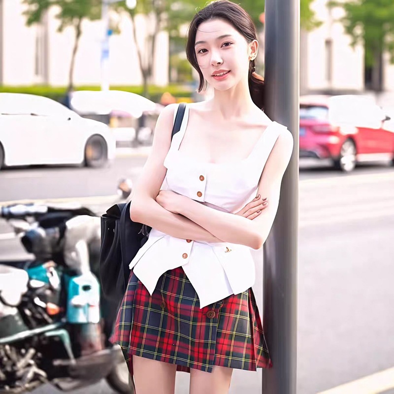 2026 European and American Cross-Border Summer New Retro Square-Neck Slim-Fit Single-Breasted Top and Plaid Skirt Set for Women