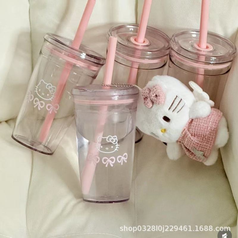 夏かわいいリボン大容量冷たい飲み物新しいガーリーキティストローカップ蓋付きプラスチックカップ|undefined
