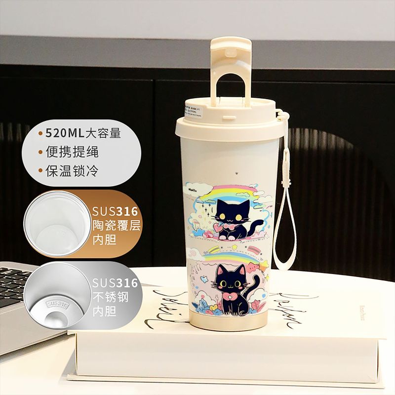 新款童趣咖啡杯316不锈钢保温杯卡通带吸管杯子双饮高颜值喝水杯|undefined