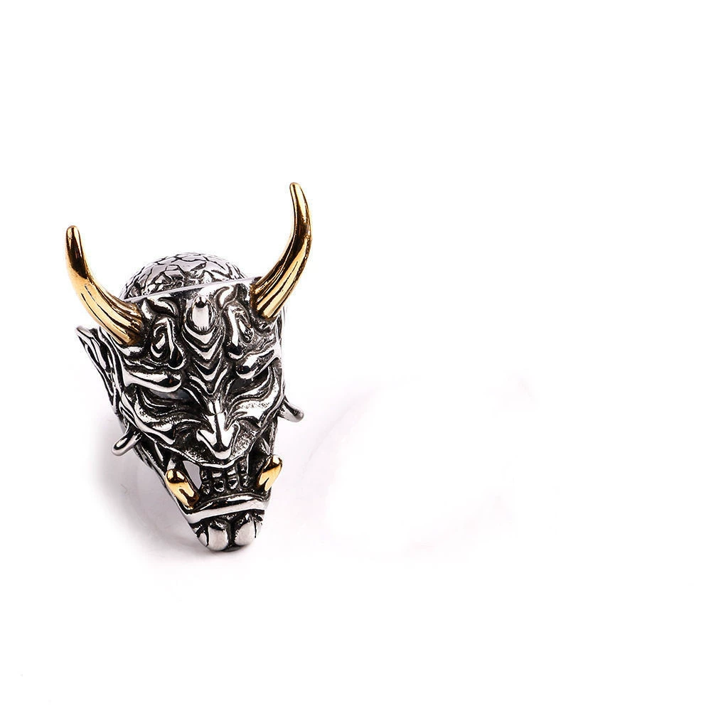 Adjustable prajna mask ring, punk/gothic horn design, lightweight, adjustable opening