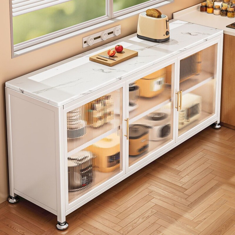 Sideboard with rock slab sliding doors, multi-tiered design, microwave oven storage, multi-functional storage cabinet, kitchen workstation, sideboard Sideboard with rock slab sliding doors, multi-tiered design, microwave oven storage, multi-functional storage cabinet, kitchen workstation, sideboard