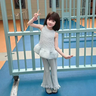 沐言同款女童套装 26夏款洋气弹力花苞修身背心显瘦舒适喇叭裤