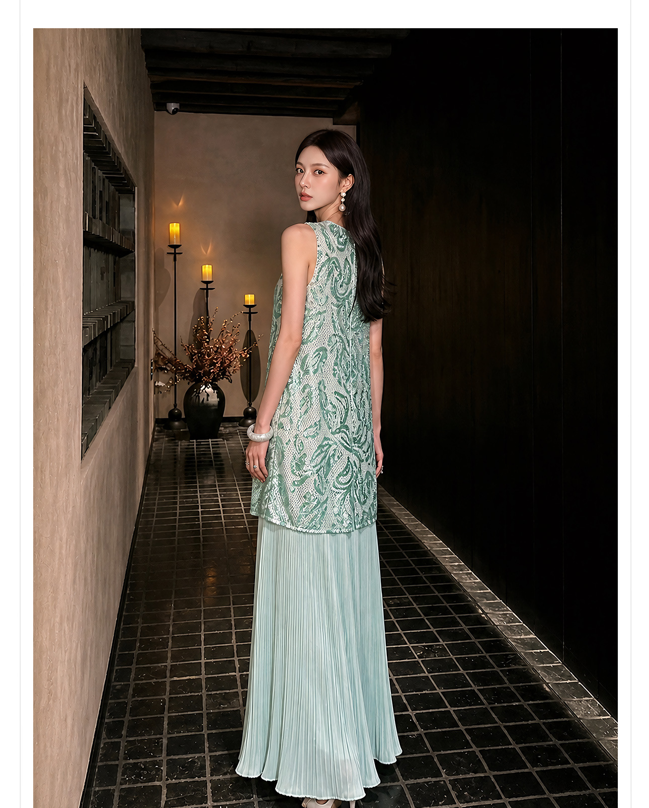Đầm maxi nữ thắt eo phong cách Tân Trung Hoa họa tiết thêu nổi — Trà cà phê chi tiết 9