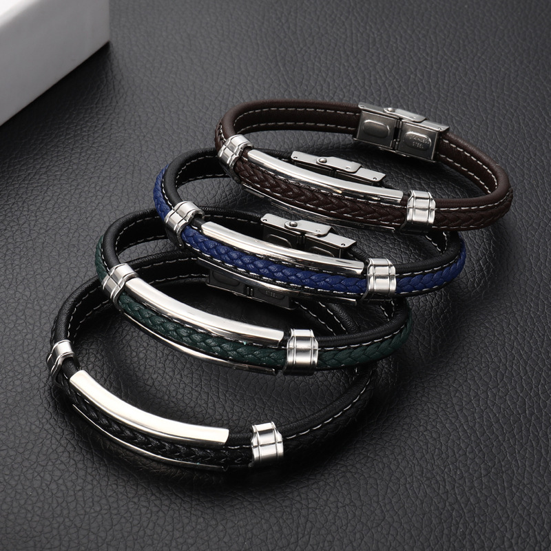 European and American Fashion Men's Stainless Steel Bracelet, Hard-Woven Microfiber Wristband, Hardware Accessories, Woven by Jieyang Manufacturer