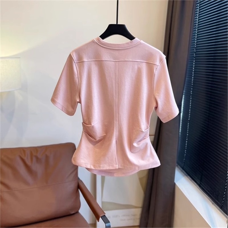 デザイン日本製トリアセテートバックスリットプリーツウエスト痩身半袖Tシャツレディーストップス2025夏新スタイル|undefined