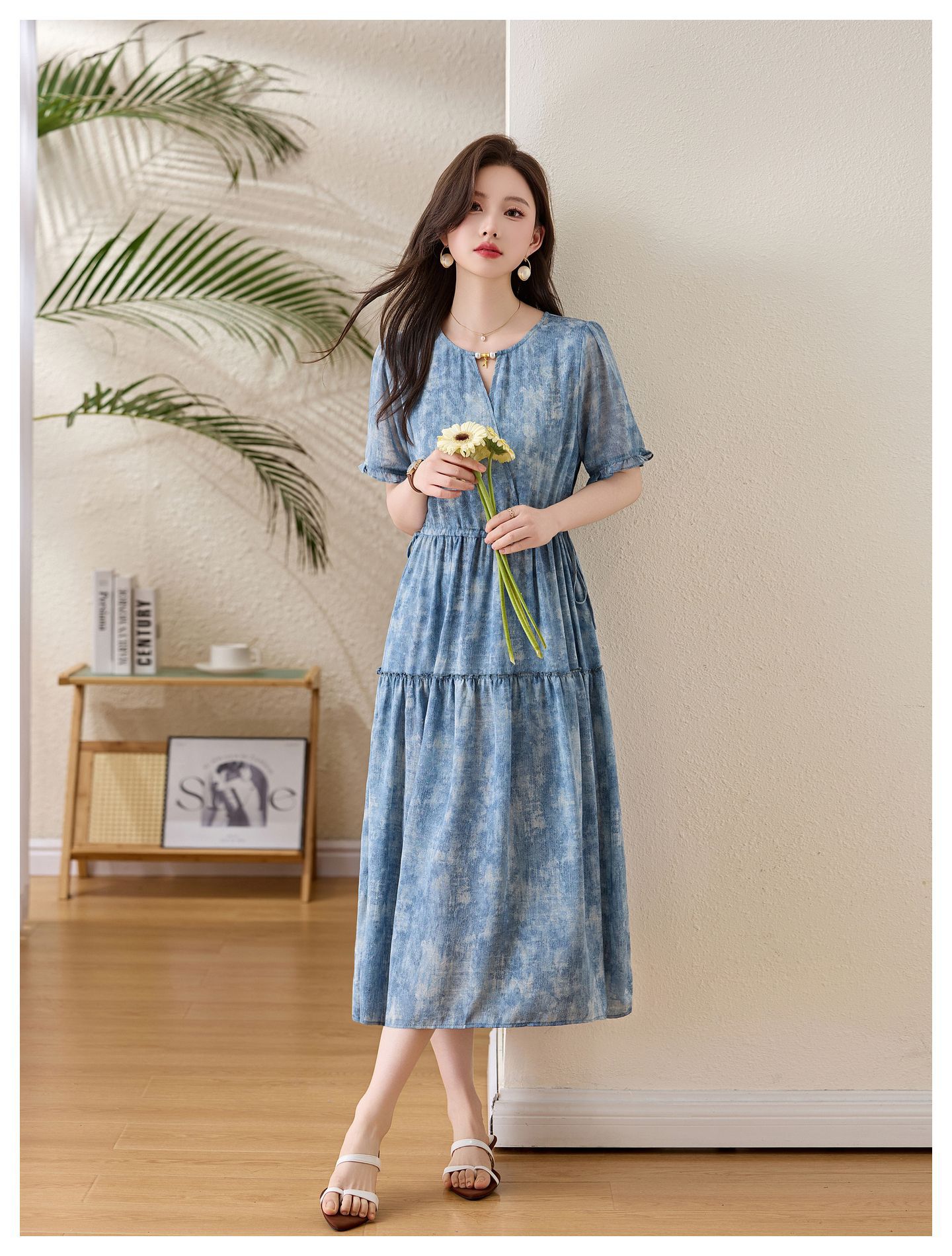 Đầm maxi nữ thắt eo cổ V tay ngắn họa tiết hoa dáng dài GT8207 — xanh lam, Màu hồng chi tiết 13