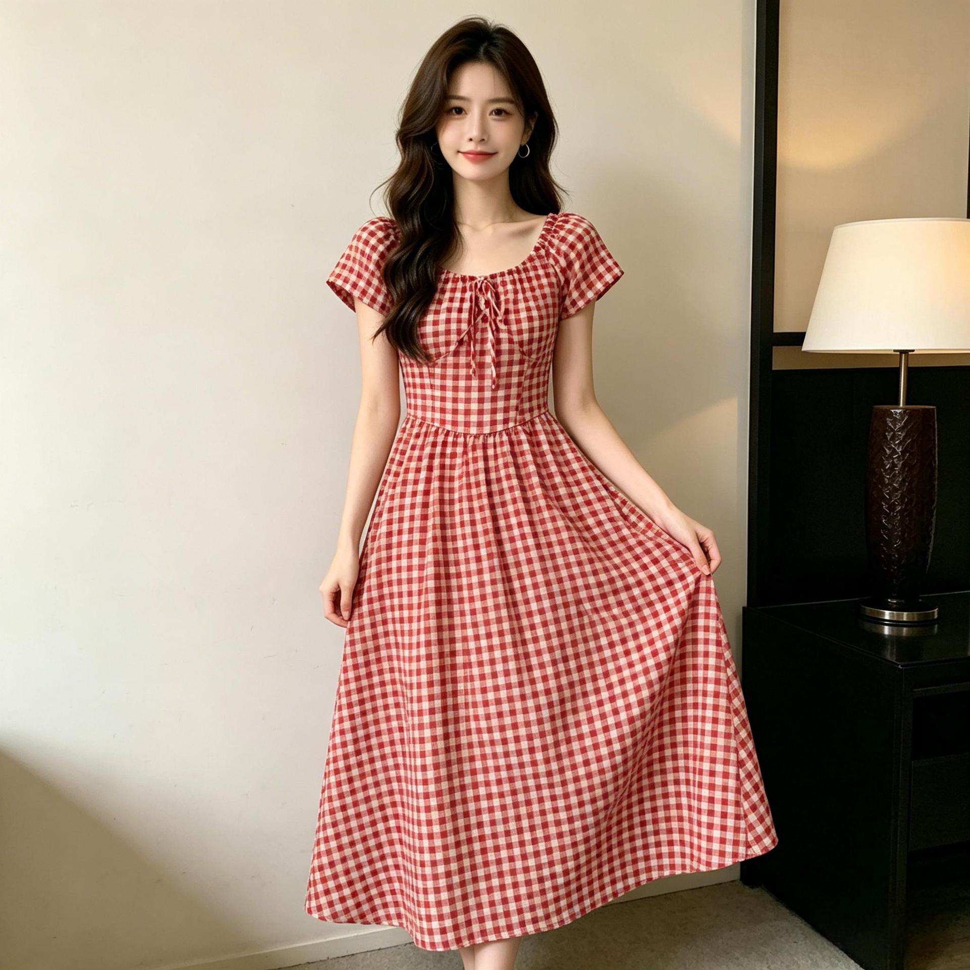 French-style Vintage Red Plaid For Women, New Summer Model, High-end, Waist-cinching, Slimming, Elegant, Resort-style_ecoleips.com