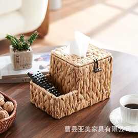 跨境水葫芦草编抽纸盒客厅装饰遥控器收纳盒抽取式纸巾盒餐巾纸盒