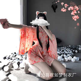 夜如梦新款性感情趣内衣女 日式复古印花和服套装浴袍一件代发