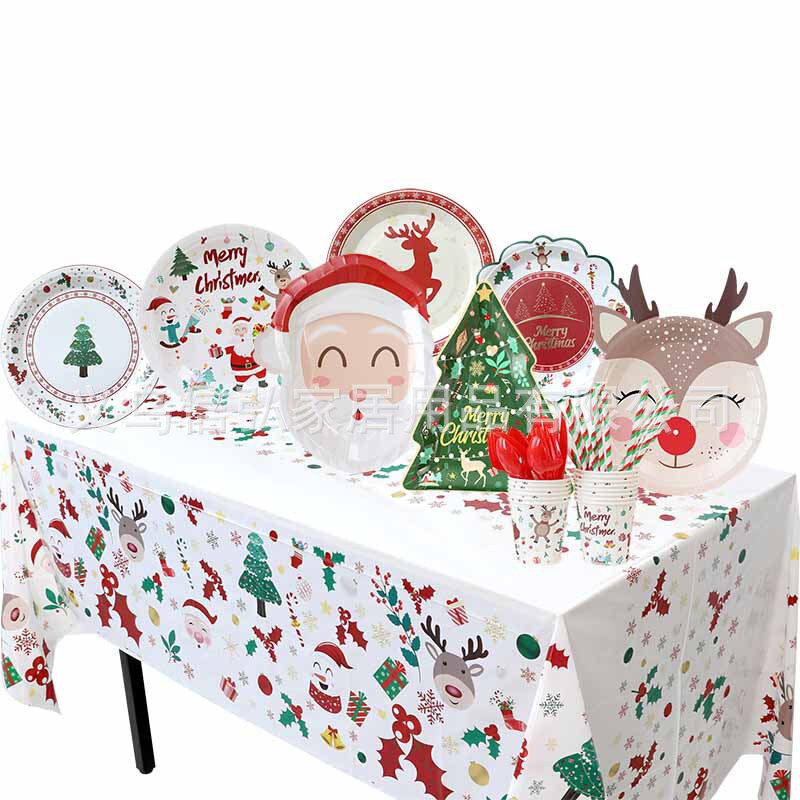 In stock Christmas decoration paper plate tissue paper cup special-shaped plate Christmas tablecloth tableware suit New Year party supplies