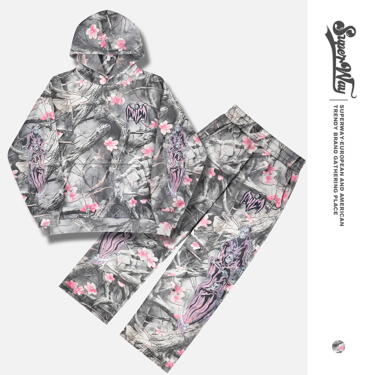 Lanhai Men's Clothing | 2025 New Autumn and Winter Vintage Devil Full-Print American Fashion Brand Velvet Sweatshirt and Sweatpants Suit