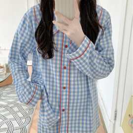 韩国ins女士春秋新品休闲睡衣女士格子拼色长袖套装睡衣家居服女