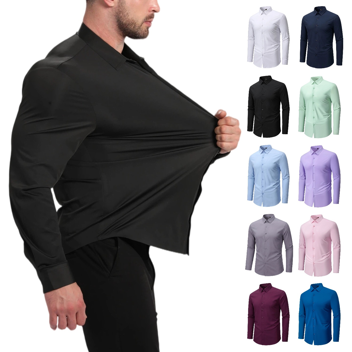 [Seamless High Elasticity] Sichuan-Luoyuan Cross-Border Men's Shirt, Sun Protection, Cool and Silky, Stretchable, Non-Ironing Long Sleeve Shirt for Men