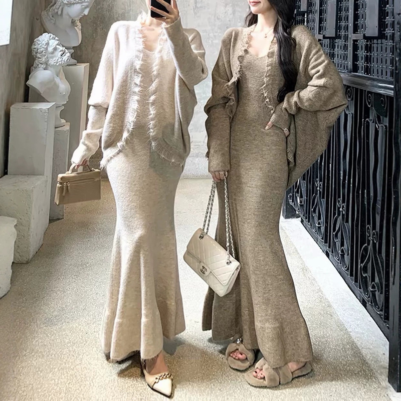 Tassel shawl-style sweater coat set, autumn/winter casual knit cardigan, long dress, two-piece outfit for women