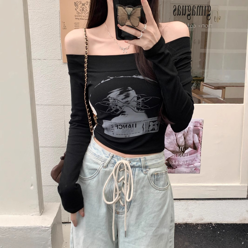 505 #   Real Shot of 260g Rayon Modal 2026 Autumn Long-Sleeve T-Shirt for Women with One-Line Neckline and Print